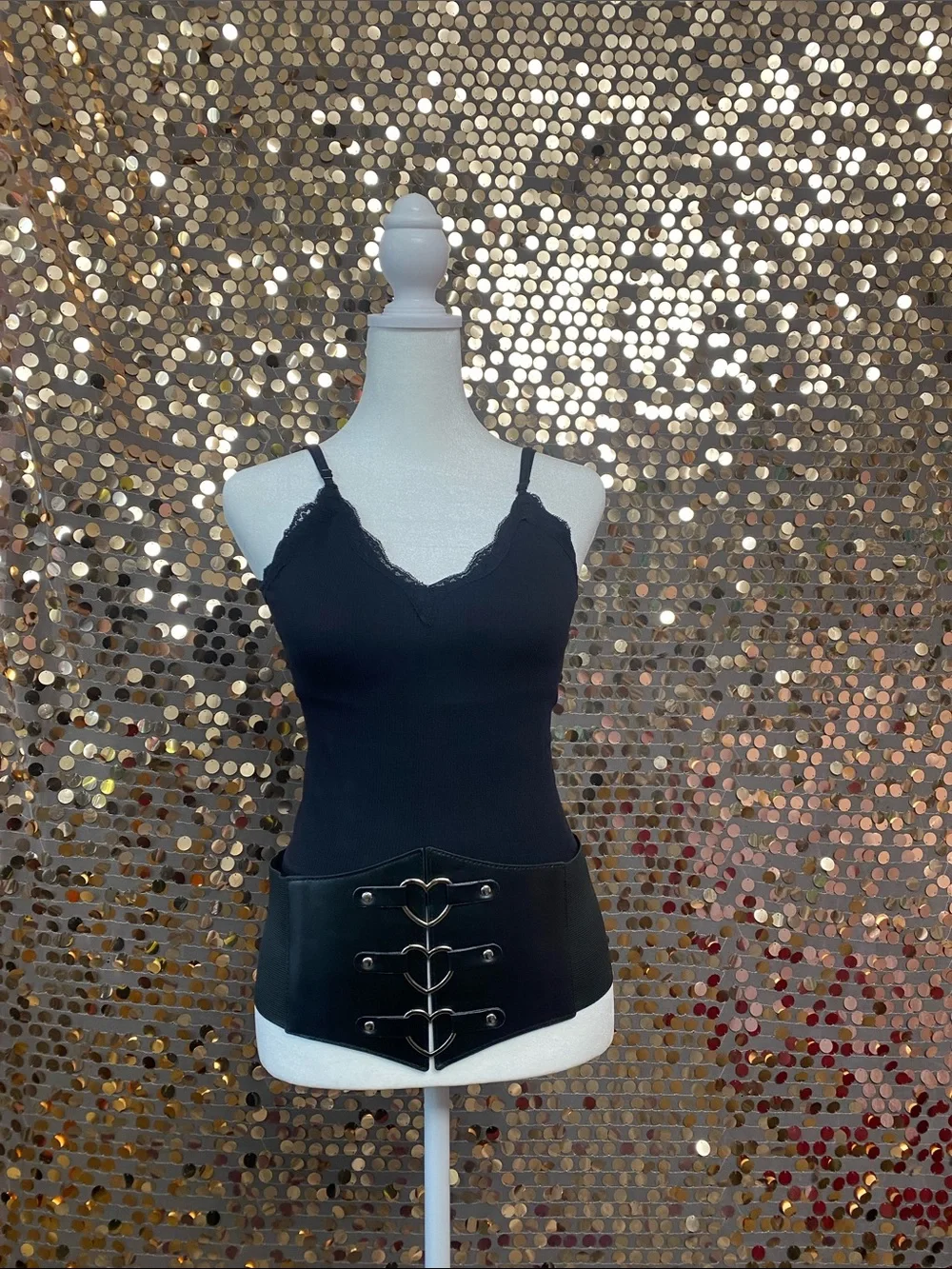 Black corset belt with silver heart details #481